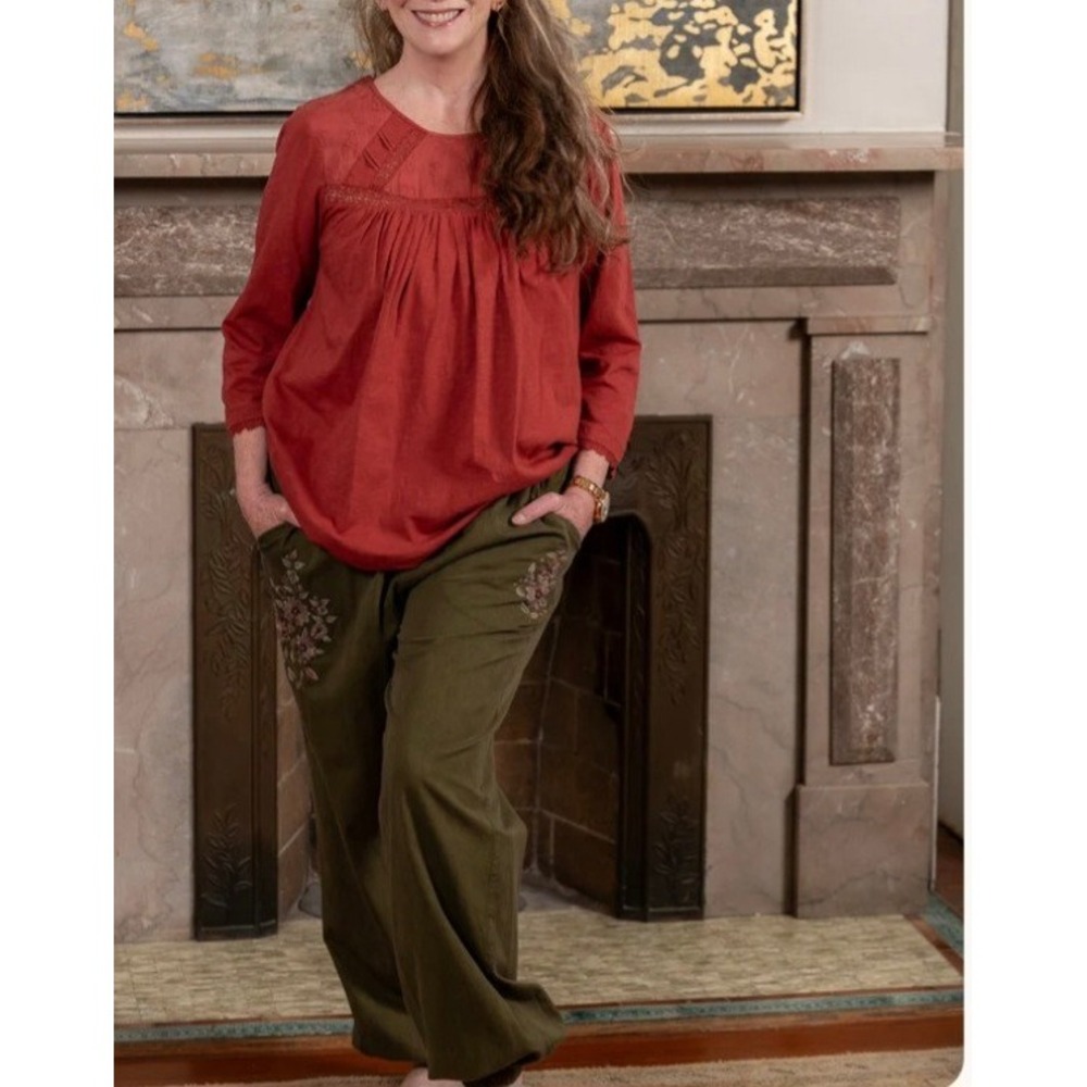 April Cornell Modern Prairie Oleson Olive Floral Embroidered Joggers Size Small
